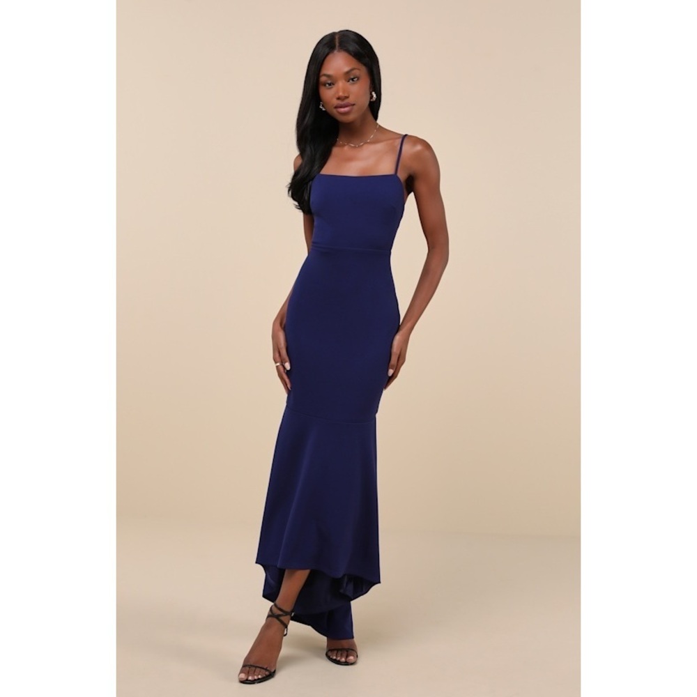 Lulus Stunning Enchantment Navy Backless Trumpet Hem Maxi Dress Blue - Size XL